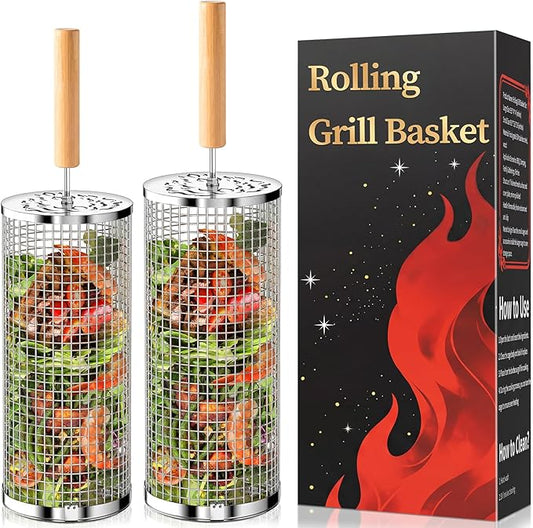 Rolling Grill Basket, Fathers Day Gifts for Dad Husband, Removable Wooden Handle, 304 Stainless Steel, Nesting BBQ Tools for Vegetable, Outdoor Smoker Camping Accessories, Grill Gift for Men Birthday