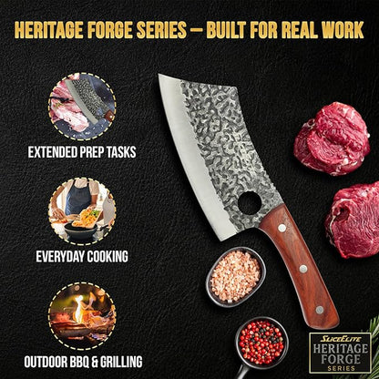 SliceElite Hand Forged Meat Cleaver Knife | Heavy Duty Butcher Knife with Blackened Blade, Sandalwood Handle & Gift Box | High Carbon Steel BBQ Kitchen Cleaver | Bone Chopping Knife for Men