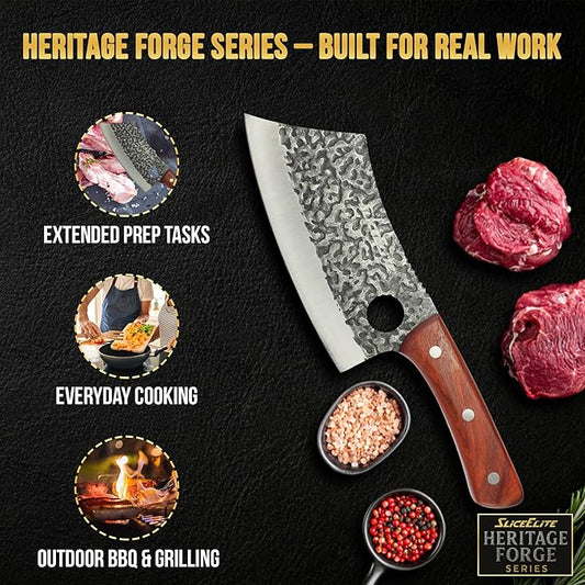 SliceElite Hand Forged Meat Cleaver Knife | Heavy Duty Butcher Knife with Blackened Blade, Sandalwood Handle & Gift Box | High Carbon Steel BBQ Kitchen Cleaver | Bone Chopping Knife for Men