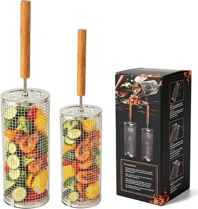 Rolling Grill Baskets (2PCS), Stainless Steel Grill Basket,Dishwasher Safe BBQ Grill Accessories Portable Grill Baskets for Outdoor Grill for Fish, Shrimp,Meat,Vegetables,Fries Outdoor Cooking Camping