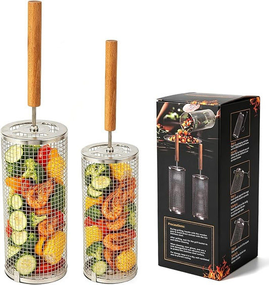 Rolling Grill Baskets (2PCS), Stainless Steel Grill Basket,Dishwasher Safe BBQ Grill Accessories Portable Grill Baskets for Outdoor Grill for Fish, Shrimp,Meat,Vegetables,Fries Outdoor Cooking Camping