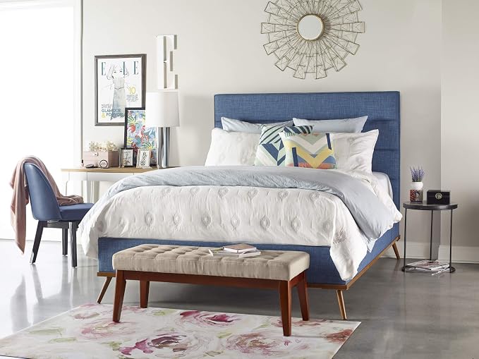 Elle Decor Claire Button Tufted Upholstered Bedroom Bench, Modern Fabric Padded Ottoman with Wooden Legs, Beige