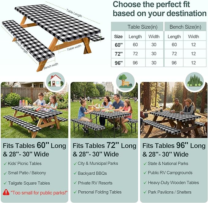 Picnic Table Cover with Bench Covers Camping Essentials Waterproof Windproof Camping Tablecloth with Drawstring Bag, Fitted Rectangle Tables and Seats, 96in, White Black Checkered
