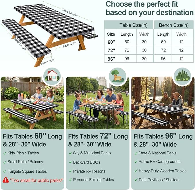 Picnic Table Cover Bench Covers Camping Essentials Tablecloth | Waterproof Vinyl for Outdoor, Windproof Elastic Fitted Edges, RV BBQ Accessories Must Haves, Storage Bag Included