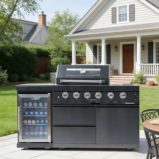 65" Rolling Outdoor Kitchen Island,Built-In 4-Burner 72,000 BTU Stainless Steel Gas Grill with Rotisserie Oven,Granite Countertops & Beverage Fridge.(Black + Fridge, Natural Gas)