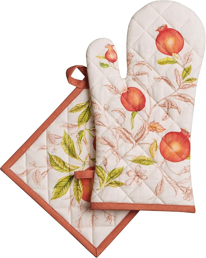 Maison d' Hermine 100% Cotton Oven Mitt & Pot Holder Set (7.5"x13" & 8"x8") | Heat Resistant BBQ Cooking Gloves with Loop Baking Grilling Kitchen Home Farmhouse Thanksgiving Christmas - Vintage Harvest