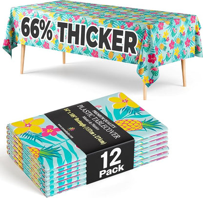Exquisite 66% Thicker Summer Tablecloth 12 Pack - Luau Hawaiian Tropical Plastic Tablecloth Rectangle 54x108 Inch - Disposable Table Cover - Flamingo Pineapple Palm Leaf Beach Pool Tiki Aloha Party