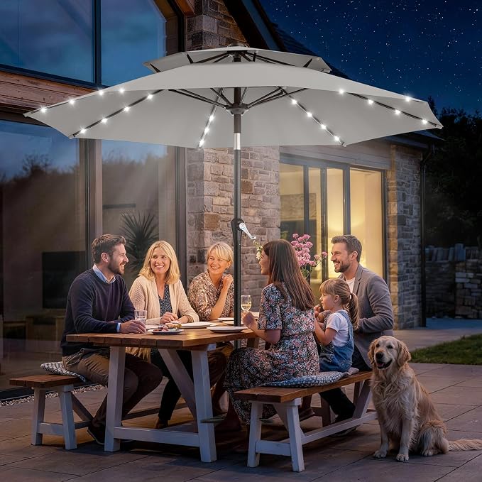 AreShark 9ft 2 Tiers Patio Umbrella with Solar Lights, Outdoor Umbrella w/ 32 LED Lights&8 Sturdy Ribs, Table Umbrella for Deck, Backyard, Pool(Light Gray)