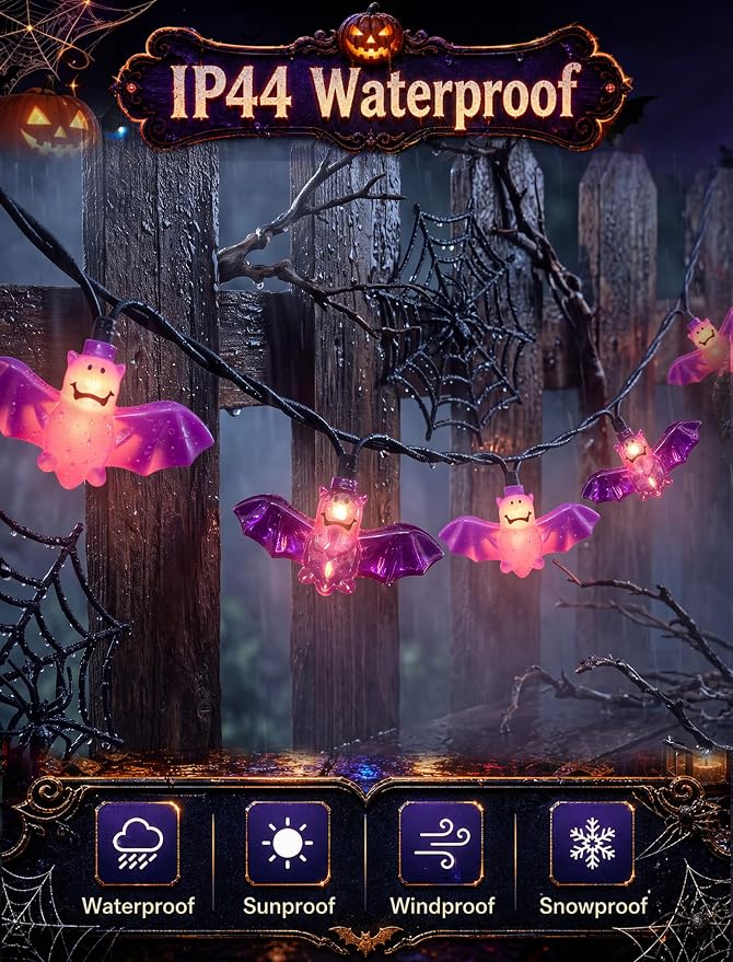 8.5Ft Halloween Bat String Lights Outdoor, 10 LED Purple Bat Decor Plug In | Shatterproof & Waterproof, End-to-end Connectable, Hanging Halloween Decoration for Home Patio Yard Party, 2700K Warm White