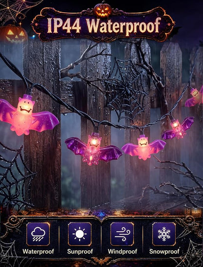 8.5Ft Halloween Bat String Lights Outdoor, 10 LED Purple Bat Decor Plug In | Shatterproof & Waterproof, End-to-end Connectable, Hanging Halloween Decoration for Home Patio Yard Party, 2700K Warm White