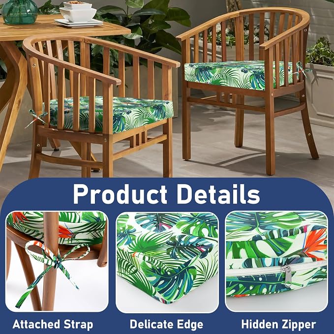 Topotdor Outdoor Chair Cushions Set of 2, Waterproof Patio Chair Cushions for Outdoor Furniture, Round Corner Seat Chair Pads with Ties for Patio Garden Dining Office, 19"x19"x3", Tropical Plant