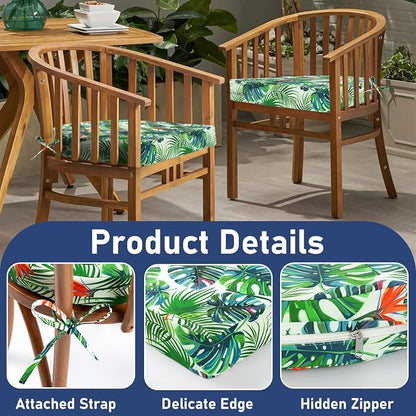 Topotdor Outdoor Chair Cushions Set of 2, Waterproof Patio Chair Cushions for Outdoor Furniture, Round Corner Seat Chair Pads with Ties for Patio Garden Dining Office, 19"x19"x3", Tropical Plant