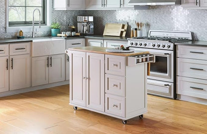 Homestyles Dolly Madison Off-White Mobile Kitchen Island Cart with Wood Drop Leaf Breakfast Bar