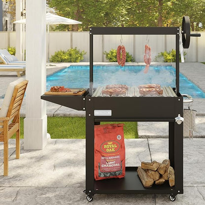 KoolMore 50 in. Charcoal Grill BBQ, Santa Maria Argentine Outdoor Grill with Interchangeable V Grates, Heavy Duty Barbecue Grilling Grill, Black