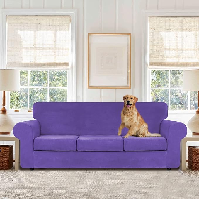 WEERRW 4 Pieces Couch Cover for Sofa Velvet Sofa Covers Washable, Purple | Sofa Covers for 3 Cushion Couch Furniture Protector Sofa Slipcovers with Non Slip Elastic Bottom, Pet Friendly, Large