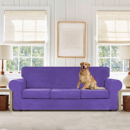WEERRW 4 Pieces Couch Cover for Sofa Velvet Sofa Covers Washable, Purple | Sofa Covers for 3 Cushion Couch Furniture Protector Sofa Slipcovers with Non Slip Elastic Bottom, Pet Friendly, Large