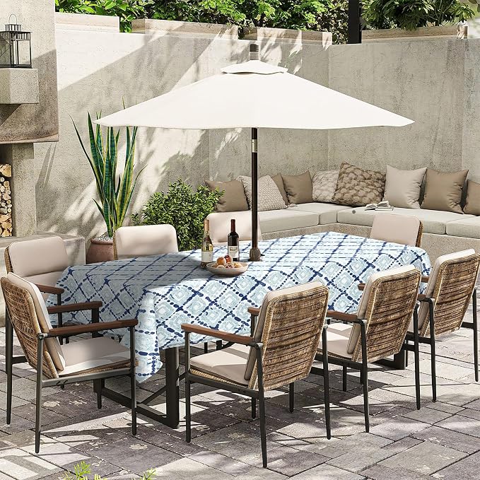 Outdoor Rectangle Tablecloth, 60×84 Inch Water Repellent Picnic Table Cover with Umbrella Hole Zipper for Patio Family Meal, Boho Geometry Blue