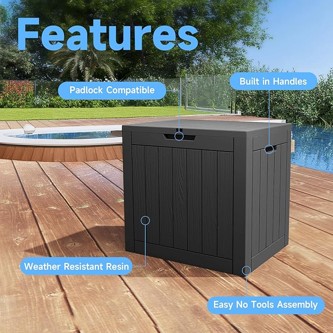 Pepe Tee Waterproof Resin Deck Box, Outdoor Storage Bin with Slatted Texture, All-Weather Patio Side Table & Garden Organizer, Black