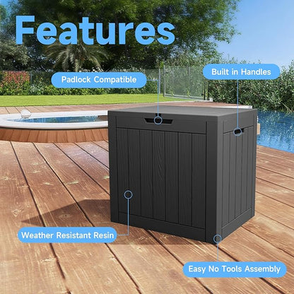 Pepe Tee Waterproof Resin Deck Box, Outdoor Storage Bin with Slatted Texture, All-Weather Patio Side Table & Garden Organizer, Black