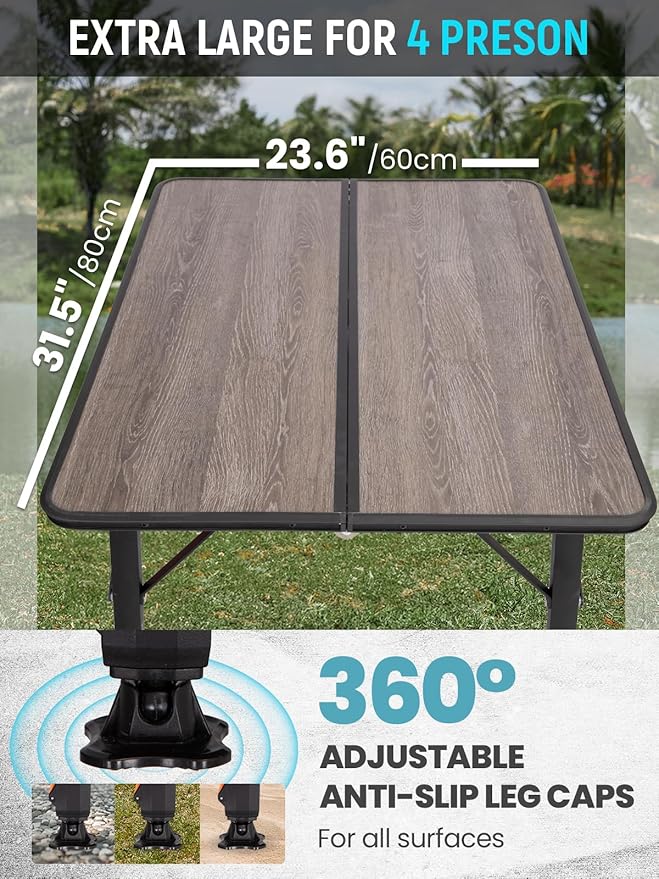 KingCamp Folding Camping Table, Ultralight Portable Folding Fiber Glass Camp Table with Adjustable Height, Heavy Duty Aluminum Legs & Carry Bag for Outdoor, Picnic, Beach, Party, BBQ (2-4 People)
