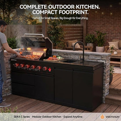 SERA C 4-Burner Natural Gas Outdoor Kitchen with Dual Sink Black | Black 304 stainless steel, 75,300 BTU + side burner, dual-door sink with pull-out faucet, locking casters, patio backyard