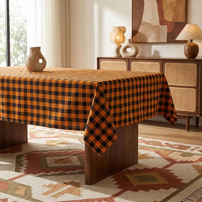 Halloween Gingham Tablecloth Waterproof, Fall Checkered Fabric Table Cover for Kitchen Dining, Black & Orange Plaid Table Cloth, Rectangle Table Cloth for Indoor Outdoor Use, W60 x L84 in
