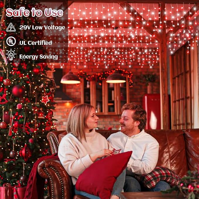 132ft Icicle Lights for Outside, Red and White Christmas Lights Outdoor Indoor, 1280 LED Twinkle With 240 Drops Short Curtain for Thanksgiving Room Home Wall Bedroom Window Decoration