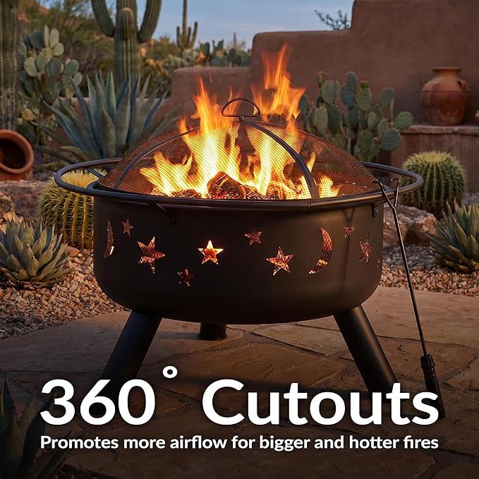 Sunnydaze Cosmic 30-Inch Outdoor Fire Pit with Grill Grate, Spark Screen, and Fireplace Poker - Round Steel Metal Wood-Burning Outside Firepit for Patio, Backyard, Porch, Deck - Bronze