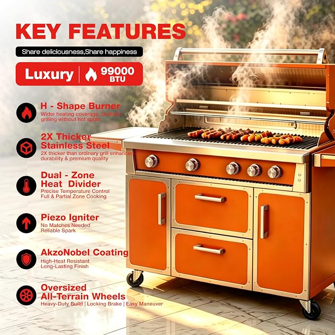 NG 4 Cast Burners Outdoor Kitchen Grill Island, 99,000 BTU, Orange Painting