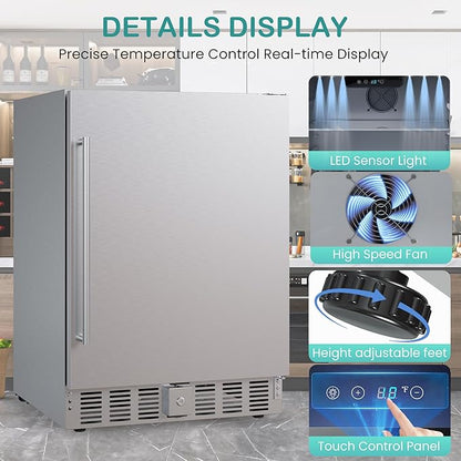 24 Inch Indoor/Outdoor Beverage Refrigerator 170 Cans, Stainless Steel Beverage Refrigerator for Undercounter Built-in or Freestanding, Lockable Door and Auto Defrost, Fast Cooling, Low Noise, 32-50℉