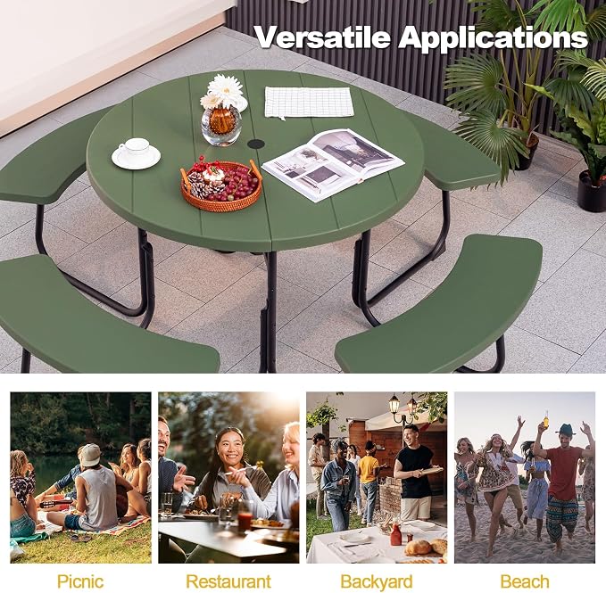 Tangkula 8 Person Picnic Table, Outdoor Round Picnic Table with 4 Built-in Benches, Umbrella Hole, Metal Frame & HDPE Tabletop, Outside Table and Bench Set for Backyard, 2300lbs Weight Capacity