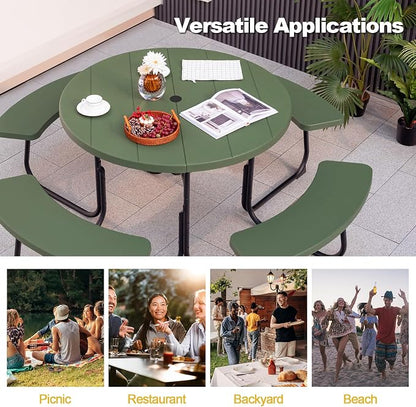Tangkula 8 Person Picnic Table, Outdoor Round Picnic Table with 4 Built-in Benches, Umbrella Hole, Metal Frame & HDPE Tabletop, Outside Table and Bench Set for Backyard, 2300lbs Weight Capacity