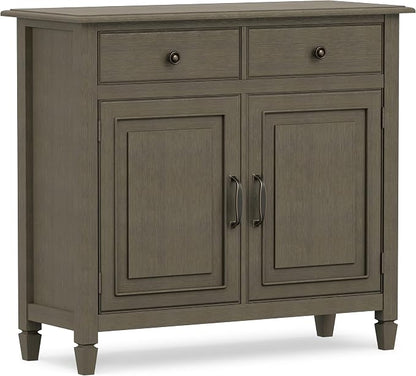 SIMPLIHOME Connaught 40" Wide Solid Wood Cabinet in Farmhouse Grey | Traditional slim entryway and living room organizer for hats, gloves, shoes and keys with space-saving storage design.