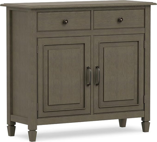 SIMPLIHOME Connaught 40" Wide Solid Wood Cabinet in Farmhouse Grey | Traditional slim entryway and living room organizer for hats, gloves, shoes and keys with space-saving storage design.