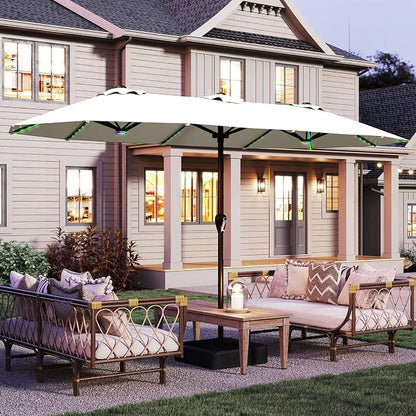 AreShark 15FT Large Rectangular Patio Umbrella with Solar Lights, Off-White | Rectangle Lighted Outdoor Umbrella with Crank, Double-Sided Market Umbrella with Base for Porch, Lawn, Pool, Backyard