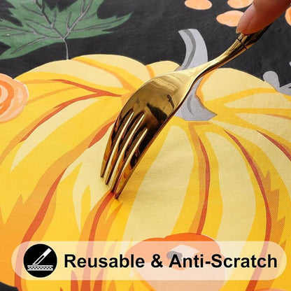 Smiry Thanksgiving Fitted Table Cover, 4 FT Flannel Backed Vinyl Tablecloth | Waterproof Elastic Stretch Table Cloth, Wipeable Plastic Tablecloth for Autumn Harvest & Parties (Black & Yellow, 24" x 48")