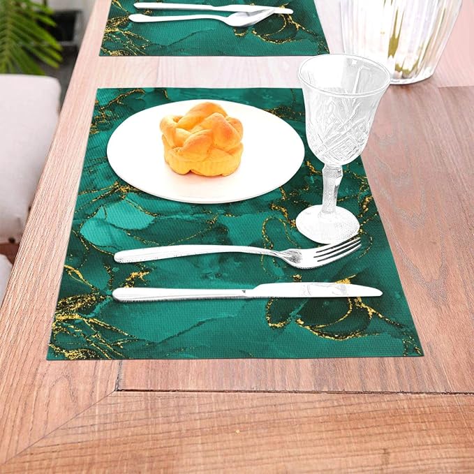 Turquoise Marble Placemats Set of 4, Emerald Dark Green Table Mats | Decorative Place Mats for Kitchen Holiday Party Modern Farmhouse Home Decor 12x18 Inch