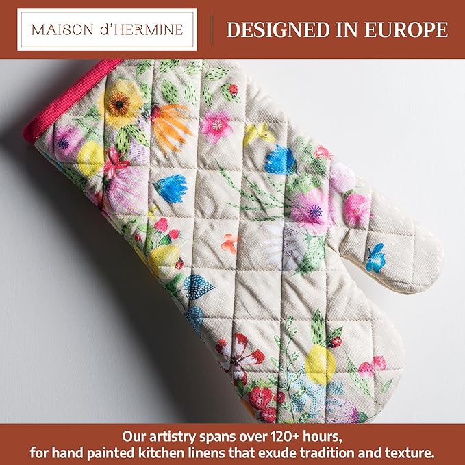 Maison d'Hermine Oven Gloves 100% Cotton Oven Mitt 7" x 13" with Loop Heat Resistant BBQ Cooking Gloves Baking Grilling Kitchen Hotel Home Farmhouse Spring Summer (Pack of 1, Jardin D'Ete - Fog)