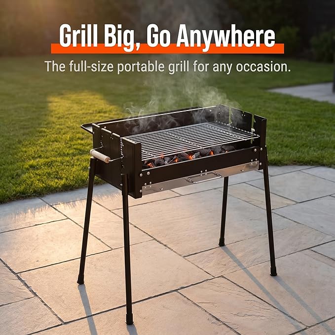 Portable Charcoal Grill - Foldable Stainless Steel Hibachi BBQ for Camping, Hiking, Picnics & Outdoor Cooking, Ideal for BBQ Lamb Skewers and More