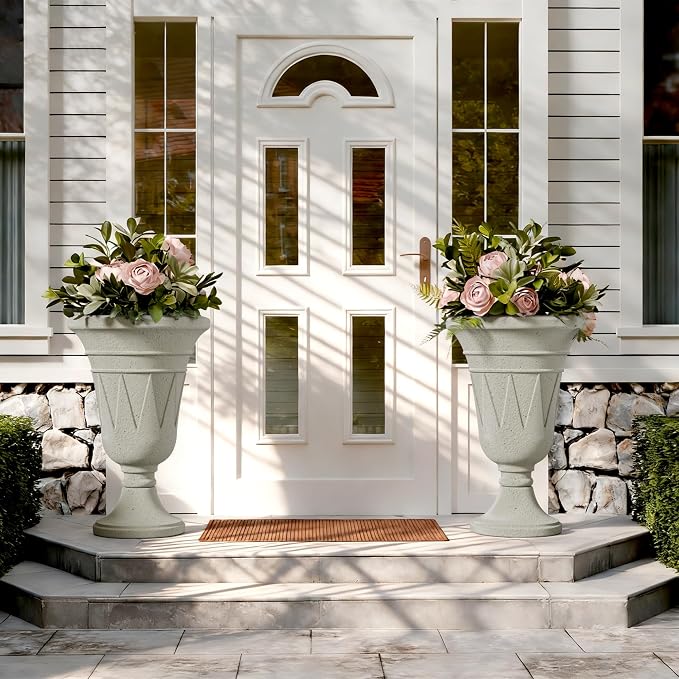24" Tall Urn Planters for Outdoor Plants, Urns and Pedestal, Beige | Resin HDPE Weather-Resistant Material, Vintage Trophy Design Outdoor Planters with Drainage Holes, Flower Pot/Vase/Porch Door