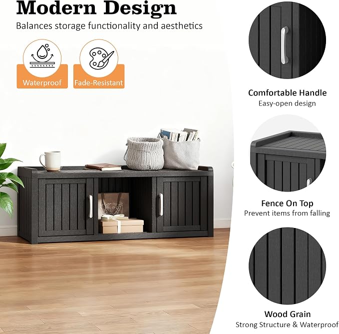 NUNU LAB Resin Shoe Cabinet,Waterproof Shoe Storage Cabinet with Adjustable Shelves,Entryway Storage Bench with Seat,Shoe Bench with Doors for Foyer,Hallway,Living Room (Black, 2-Door Big)
