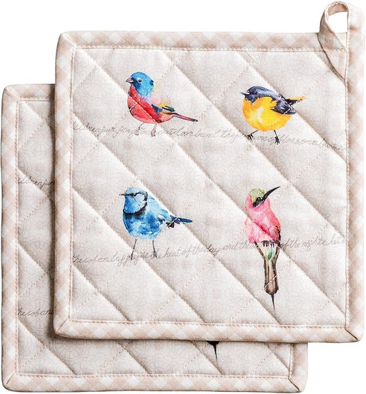 Maison d' Hermine Pot Holders 100% Cotton Heat Resistant Potholders 8" x 8" Hot Pads with Loop BBQ Cooking Baking Hotel Farmhouse Kitchen Handling Hot Pans Spring Summer (Pack of 2, Birdies on Wire)