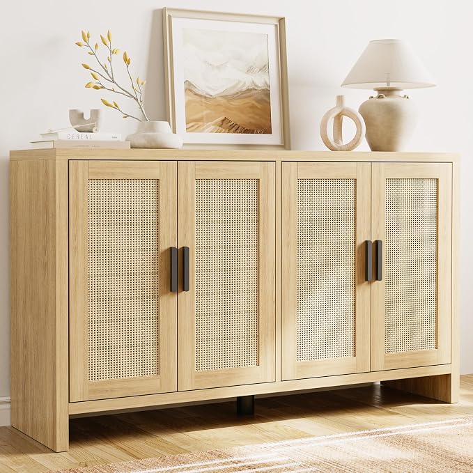 Rattan Buffet Cabinet with Storage, Sideboard with Doors, Console Table, Farmhouse Coffee Bar, Modern Wood Long Cabinets (Oak)