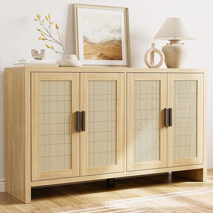 Rattan Buffet Cabinet with Storage, Sideboard with Doors, Console Table, Farmhouse Coffee Bar, Modern Wood Long Cabinets (Oak)