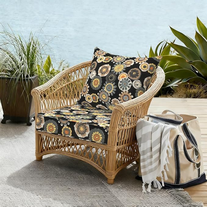 DYTXIII Outdoor Deep Seat Cushion Set, Water Repellent 22"x22" Patio Thick Cushions Replacement with Seat & Back Pillow for Patio Sofa, Wicker Chair, Couch - Black Yellow Crosby