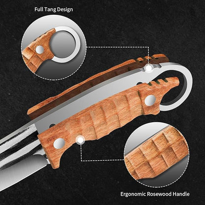 Plys Full-Tang Fixed Blade Knife - 3.9" Durable Outdoor Survival Knife with 4mm Thick Blade, Ergonomic Rosewood Handle, PU Leather Sheath, Ideal for Camping, BBQ, Hiking, and Kitchen Use