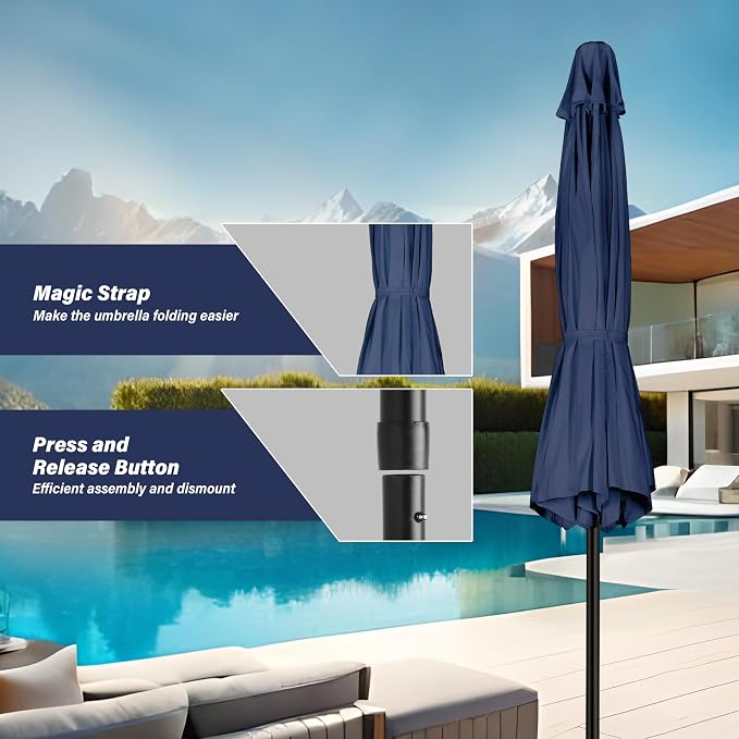 YSSOA 9' Patio Umbrella Outdoor Table Market Yard Umbrella with 8 Sturdy Ribs, Dark Blue