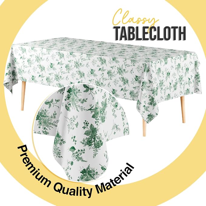 Exquisite 66% Thicker Floral Plastic Tablecloth Rectangle 54x108 Inch 12 Pack - Verdure Green Disposable Summer Table Cloth Tea Party Decorations - Vintage Table Cover Bridal Shower Wedding Spring