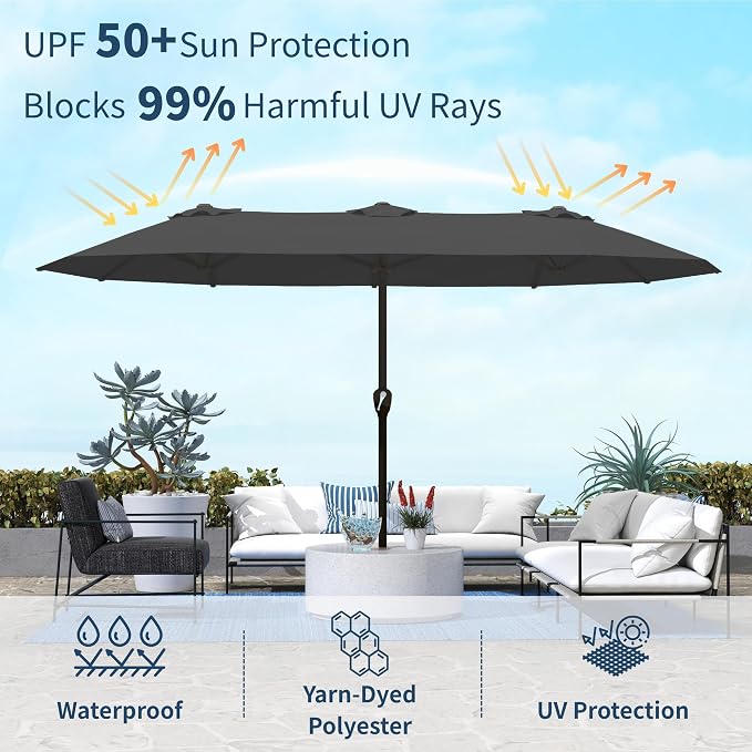 15FT Double Sided Patio Umbrella with Base Included Large Outdoor Market Umbrella with Crank Handle, UV Resistant Canopy, Sturdy Frame for Garden, Poolside, Deck, Gray