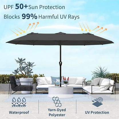 15FT Double Sided Patio Umbrella with Base Included Large Outdoor Market Umbrella with Crank Handle, UV Resistant Canopy, Sturdy Frame for Garden, Poolside, Deck, Gray